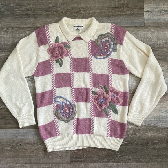 Vintage Floral Embroidered Argyle Collar Sweater M - Picture 1 of 8